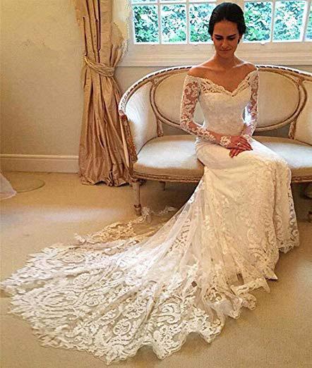 Off the Shoulder Lace Long Sleeve Mermaid V Neck Covered Button Wedding Dresses WK330