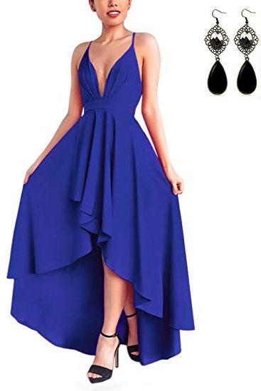 Sexy V Neck Asymmetrical Blue High Low Criss Cross Prom Dresses Evening Dresses WK338