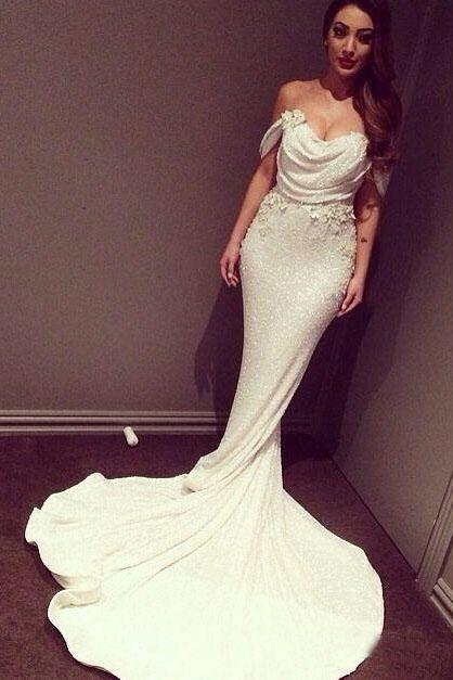 White Mermaid Off The Shoulder Long Ivory Sequins with Sparkle Formal Party Dresses For Teens WK13