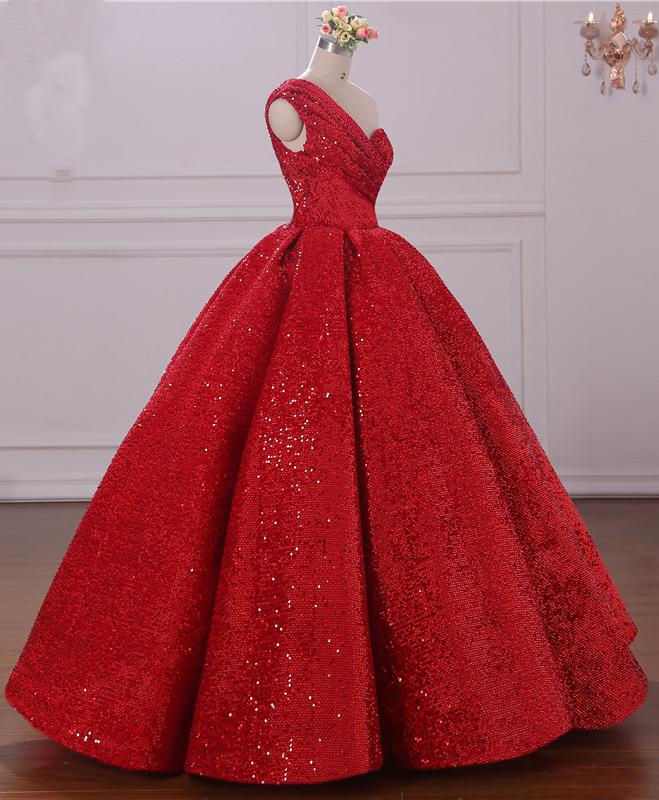 Ball Gown One Shoulder Sequins Red Sweetheart Prom Dresses Quinceanera Dresses WK39