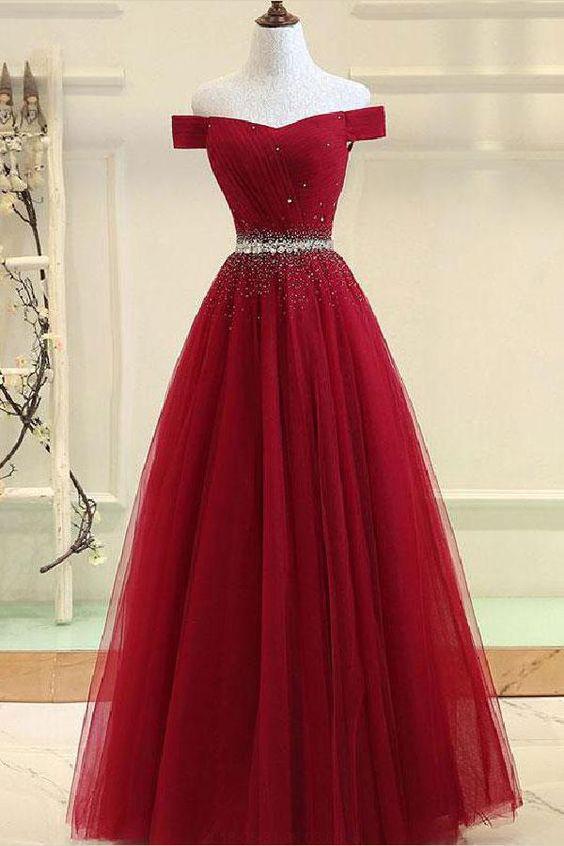 A Line Burgundy Off the Shoulder Lace up Tulle Sweetheart Long Prom Dresses WK141