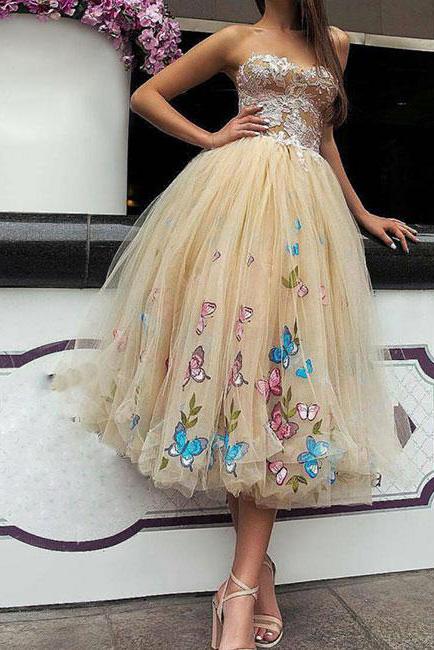 Elegant Strapless Sweetheart Appliques Tulle Tea Length Prom Dresses WK992