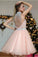 Cute Pearl Pink Tulle Appliques Silver Beads V Neck Short Homecoming Dresses WK880