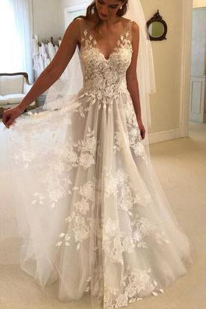 Elegant A-Line V-Neck Tulle Open Back Ivory Wedding Dresses with Lace Appliques WK114