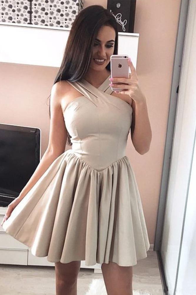 Cute A Line Halter Backless Satin Above Knee Short Prom Dresses Homecoming Dresses WK946