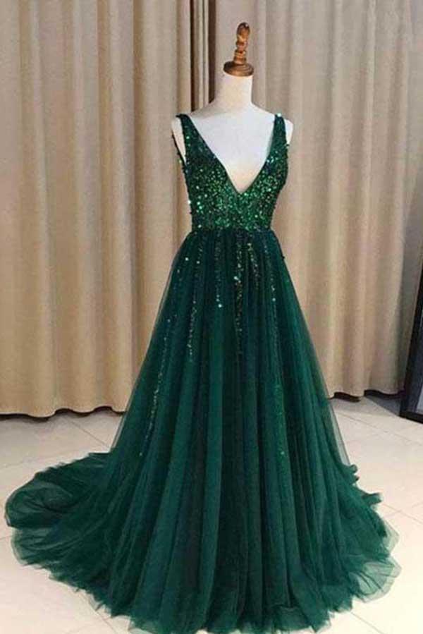 Chic A-Line V Neck Backless Dark Green Tulle Prom Dress with Sequins Evening Dresses WK696