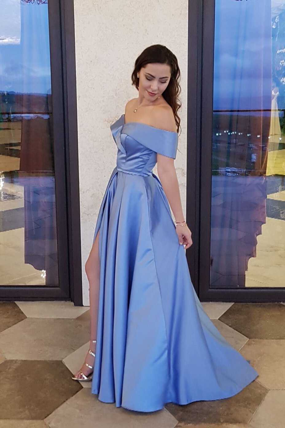 Unique A line Blue Off the Shoulder Sweetheart High Slit Satin Long Prom Dresses WK48