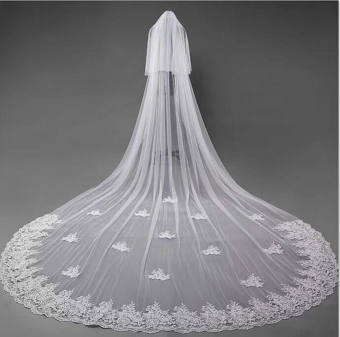 3D Flowers Lace Appliques Tulle Ivory Wedding Veils WK180