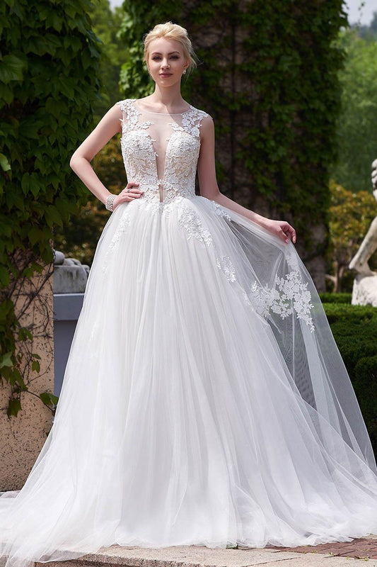 New Style A-line Scoop Neck Tulle Appliques Lace Court Train Backless Wedding Dress WK633