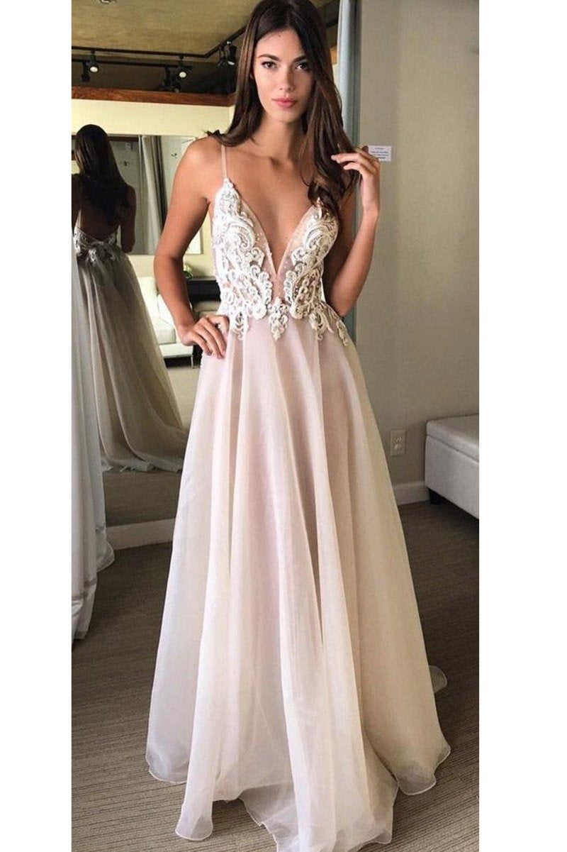 A-Line V-Neck Spaghetti Straps Backless Beads Appliques Organza Sleeveless Prom Dresses WK317
