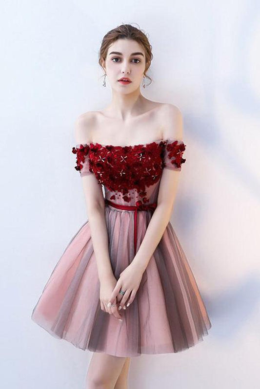 A Line Strapless Off the Shoulder Red Flowers Short Tulle Lace up Homecoming Dresses WK876