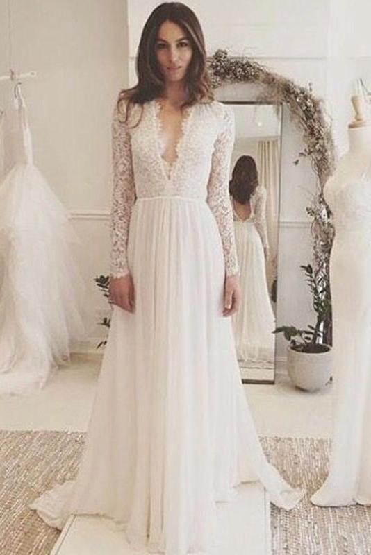Off White Chiffon Open Back Long Sleeves Wedding Dress Simple A Line V Neck Lace Prom Dress WK743