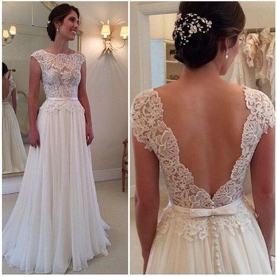 A-line Round Neckline Chiffon Lace Long Open Back Sleeves Wedding Dresses WK217