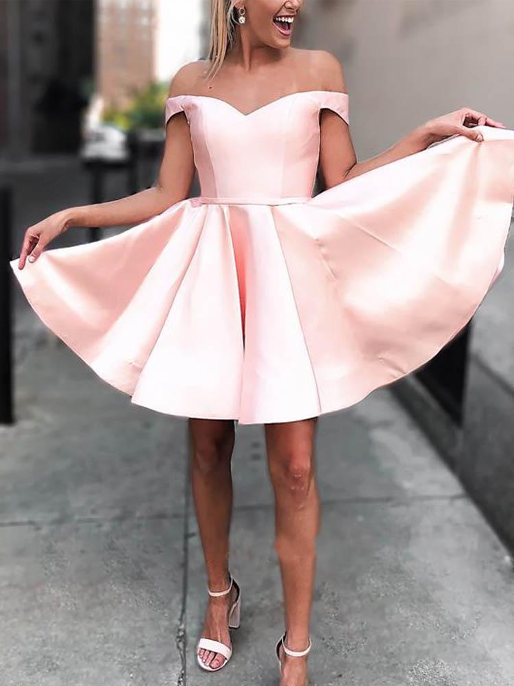 Cute A Line Off the Shoulder Open Back Sweetheart Pink Satin Short Homecoming Dresses WK03