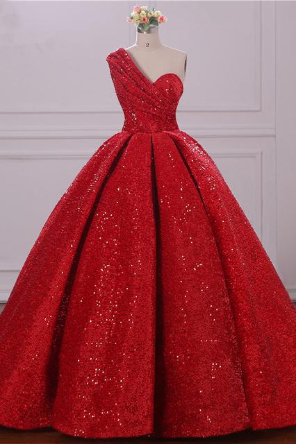 Ball Gown One Shoulder Sequins Red Sweetheart Prom Dresses Quinceanera Dresses WK39