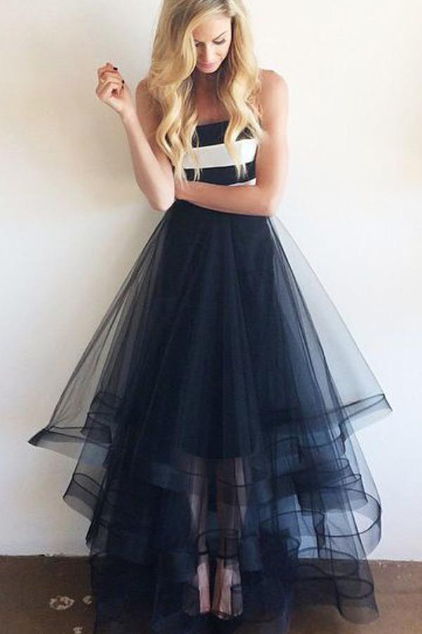 Cheap Tulle Navy Blue and White Stripe Simple Long Sleeveless Strapless Prom Dresses WK558