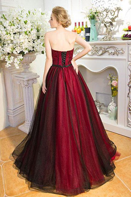 Strapless Beads Sleeveless Sweetheart Tulle Ball Gown Backless Black Burgundy Prom Dresses WK258