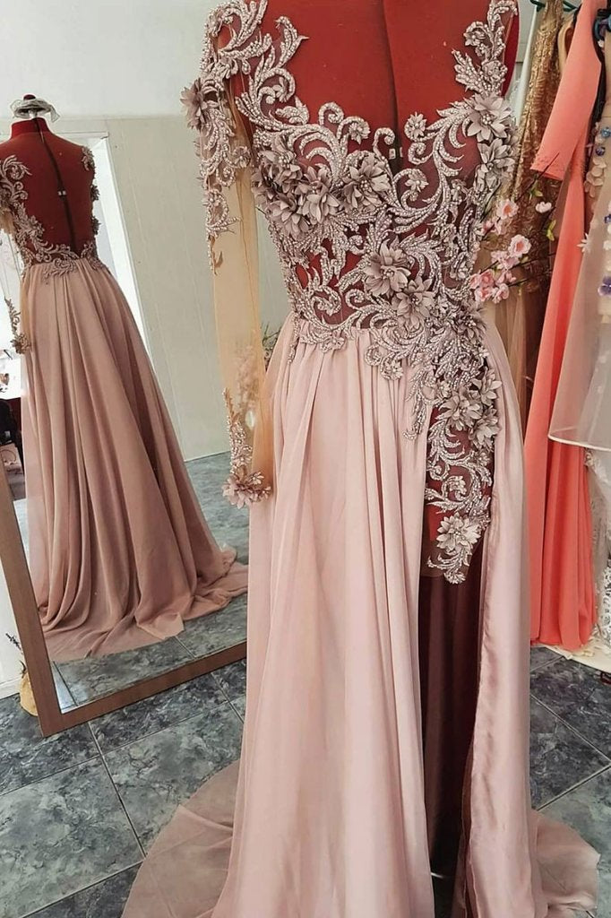 Unique Round Neck Chiffon Lace Long Beads Long Sleeve Party Prom Dresses WK221