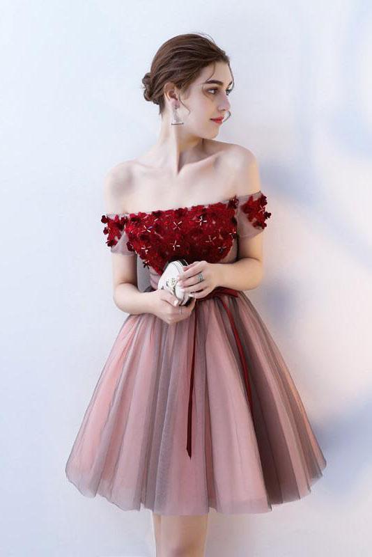A Line Strapless Off the Shoulder Red Flowers Short Tulle Lace up Homecoming Dresses WK876
