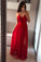 A Line Spaghetti Straps Red See Through Long Silver Simple Tulle Prom Dresses with Slit WK96