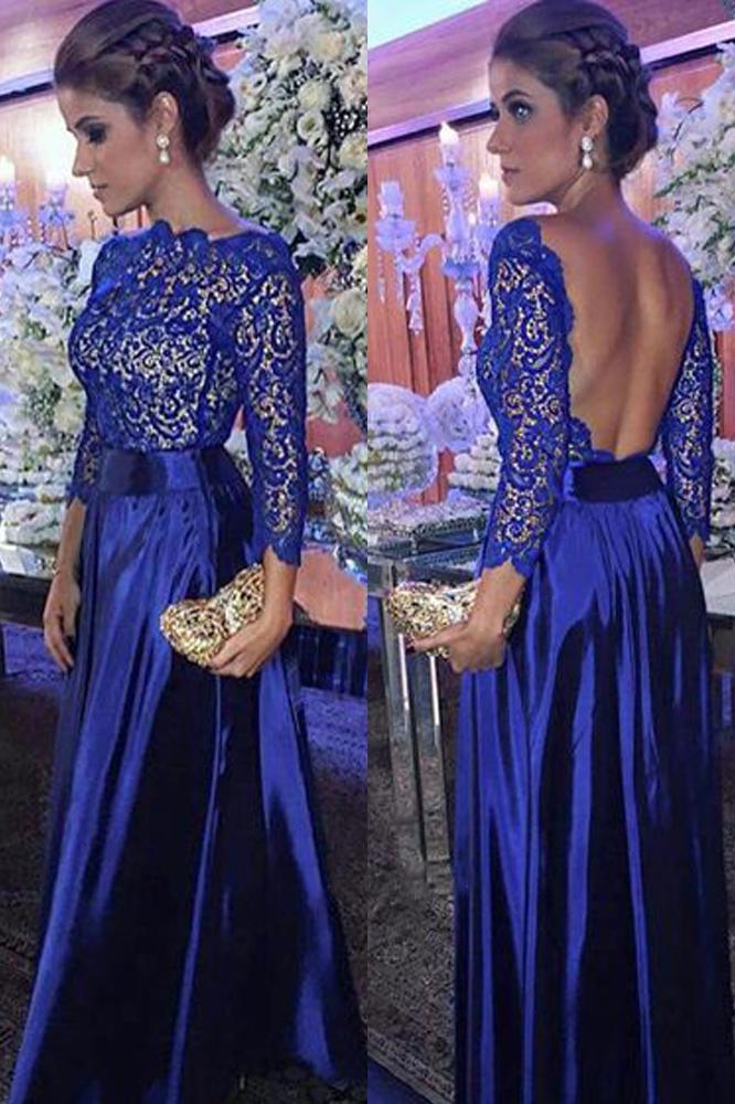 Elegant A Line Round Neck Open Back Long Sleeves Royal Blue Lace Long Prom Dresses WK135