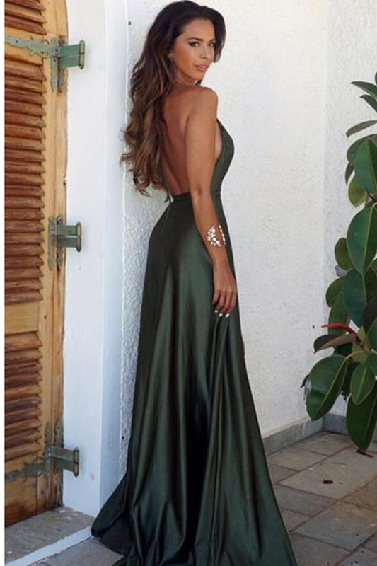 Elegant Simple Sexy Backless High Split Long V-Neck Open Back Green Prom Dresses WK437