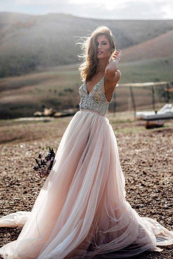 Pink Beads A Line V- Neck Sexy Tulle Long Sleeveless Beach Wedding Dresses Prom Dresses WK502