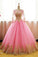 Ball Gown Long Sleeve Gold Rose Red Tulle Round Neck Lace up Prom Quinceanera Dresses WK147