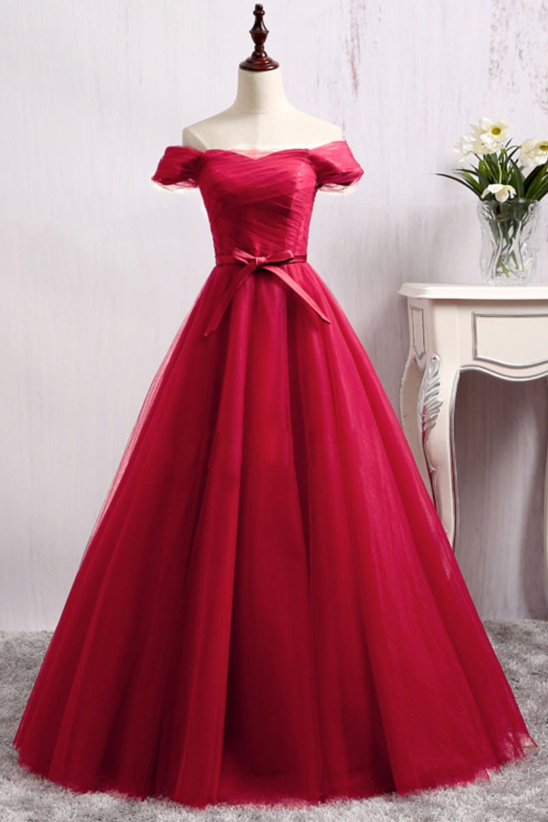 A Line Long Red Tulle Off the Shoulder Lace up Bowknot Floor Length Prom Dresses WK140