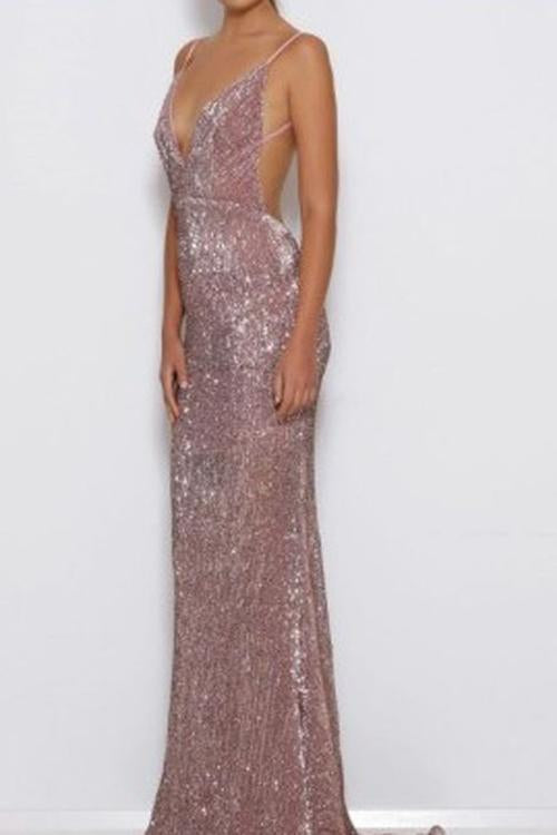 Elegant Mermaid Pink Simple Sexy Spaghetti Straps Sequin V Neck Backless Prom Dresses WK611