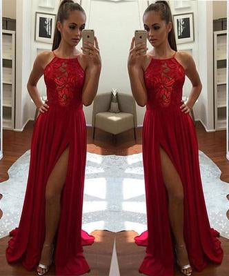 Sexy Unique Red A-Line Halter Split-Front Formal Dress Chiffon Sleeveless Long Prom Dresses WK253
