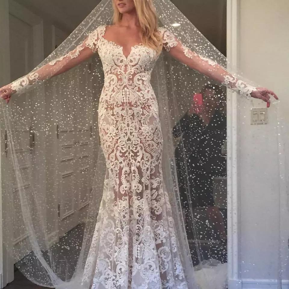 Romantic Long Appliques Backless Lace Mermaid Ivory Long Sleeve Wedding Dresses WK294