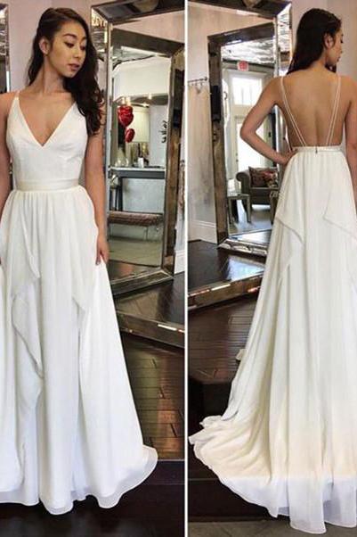 2024 Simple Cheap Sexy Ivory A-line Chiffon V-Neck Sleeveless Ruffles Backless Wedding Dress WK864