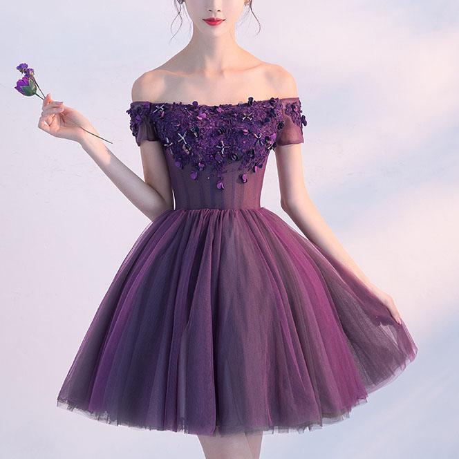 Cute A line Dark Purple Off-shoulder Short Sexy Appliqued Homecoming Dress with Beads WK173