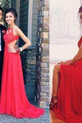 Red Backless Sexy Lace Unique Halter A-Line Slit Criss Cross Sleeveless Prom Dresses WK948