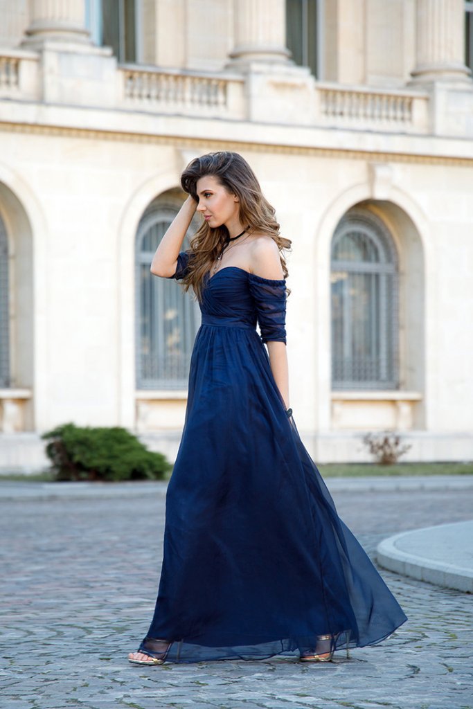 Sexy Off-the-Shoulder Chiffon Half Sleeve Sweetheart Navy Blue Floor Length Prom Dresses WK238