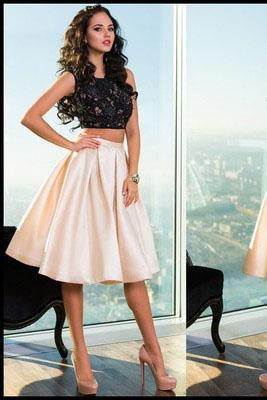 Gorgeous Two Piece Black Lace Open Back Short Cute Sweet 16 Dress Homecoming Dress WK245