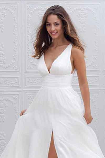 White Long A-Line Chiffon Deep V-Neck Sleeveless Side Split V-Back Wedding Dresses WK387