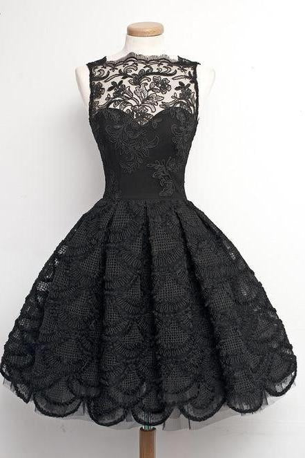 A-Line Scalloped-Edge Sleeveless Vintage Black Lace Knee-Length Homecoming Dress WK235