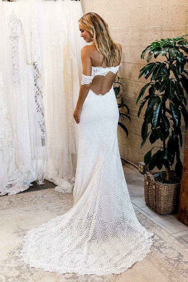 Off the Shoulder White Sweetheart Lace Sexy Mermaid Open Back Beach Wedding Dresses WK725