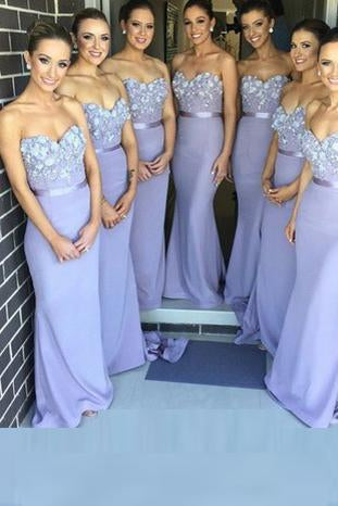 Sexy Sheath Sweetheart Strapless Lace Satin Purple Long Sleeveless Bridesmaid Dresses WK55