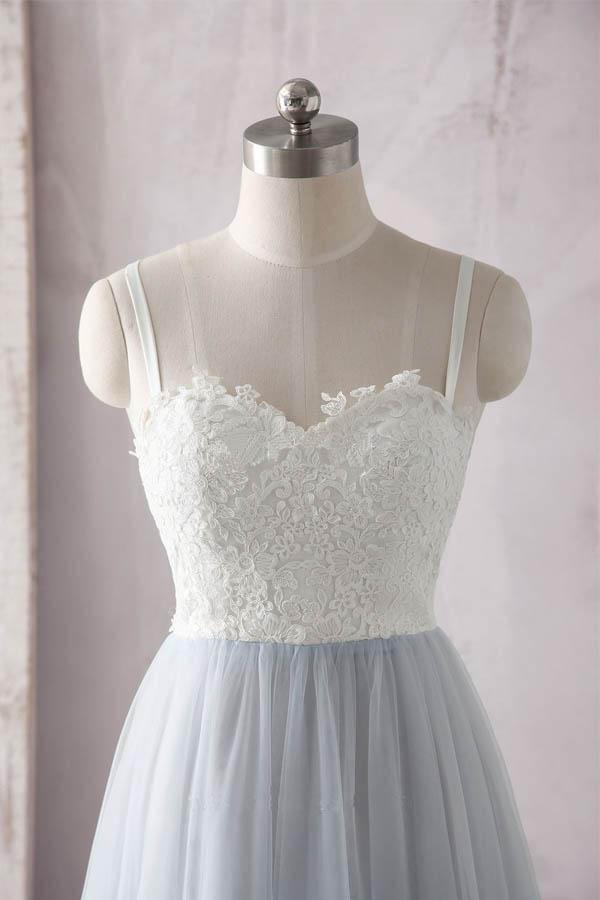Simple A Line Spaghetti Straps Gray Sweetheart Ivory Lace Blue Tulle Prom Dresses WK608