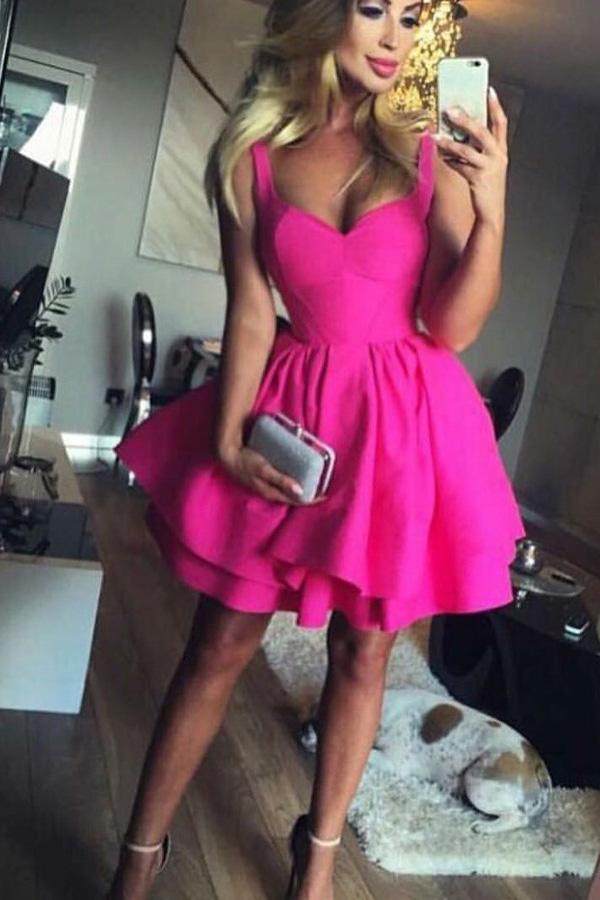 Ball Gown Scoop Eyelet Lace up Fuchsia Short Prom Dress Satin Cute Mini Homecoming Dress WK700